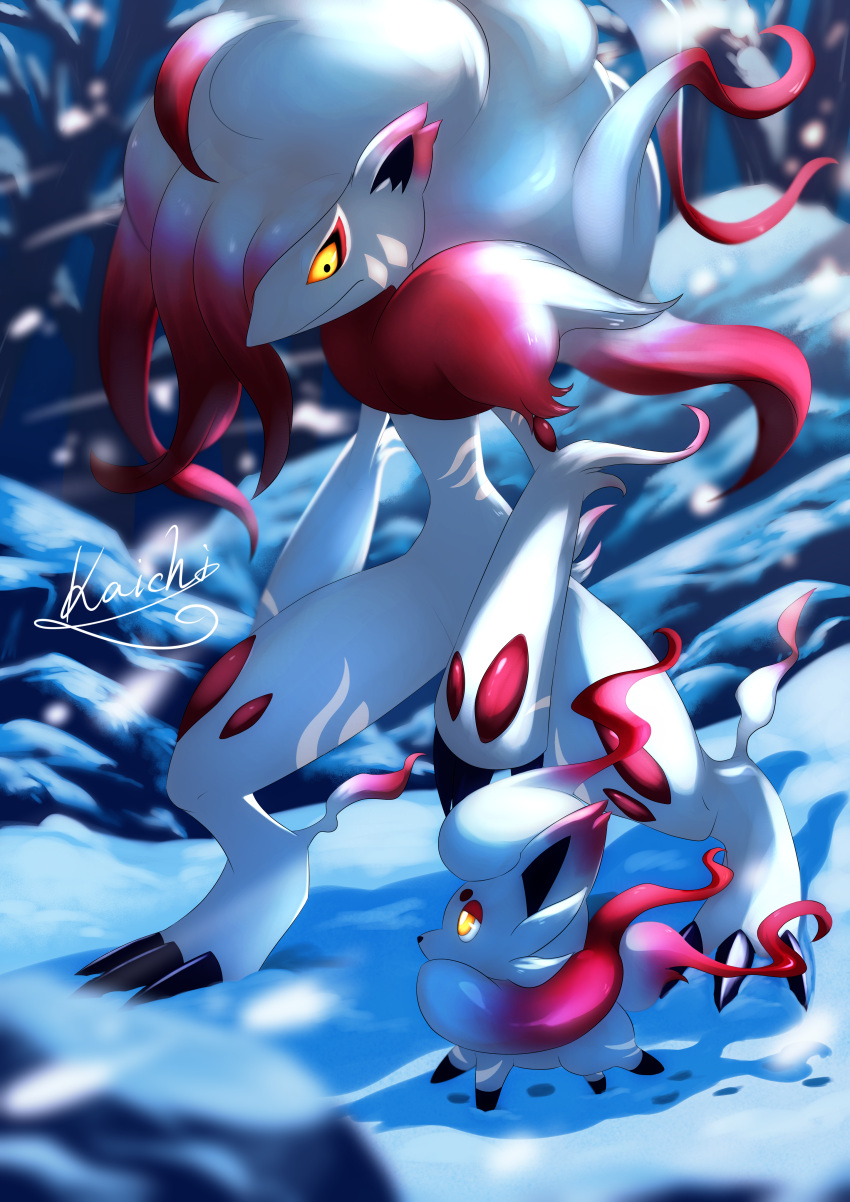 absurdres blurry claws closed_mouth commentary_request evolutionary_line footprints furry highres hisuian_zoroark hisuian_zorua kaichi_(tomiyu25) looking_down outdoors pokemon pokemon_(creature) signature snow snowing standing yellow_eyes