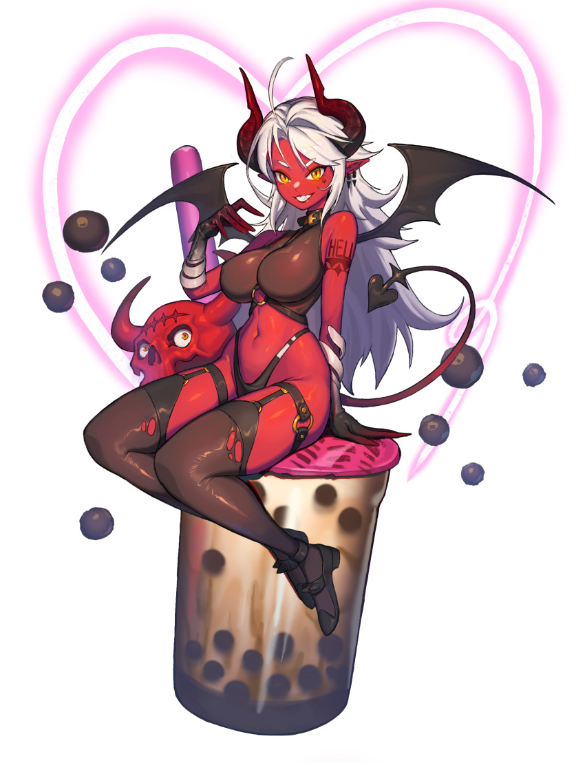 1girl ahoge arm_tattoo bare_shoulders breasts bubble_tea colored_skin demon_girl demon_horns demon_tail demon_wings earrings eyebrows_visible_through_hair full_body gloves heart hellk111 highres horns jewelry large_breasts long_hair looking_at_viewer navel o-ring o-ring_legwear original pointy_ears red_skin simple_background sitting skull sleeveless solo tail tattoo teeth thigh-highs white_background white_hair wings yellow_eyes
