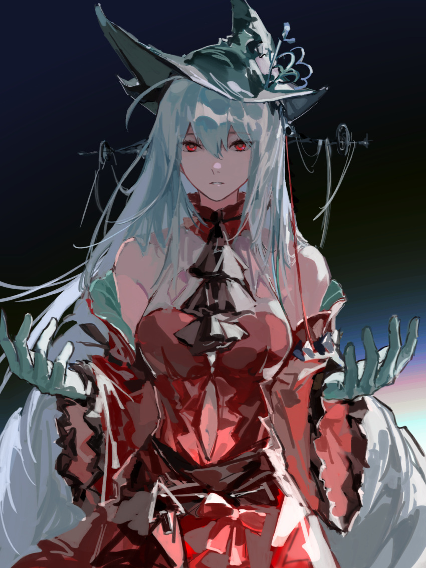 1girl aqua_gloves aqua_headwear arknights ascot bare_shoulders black_ascot breasts chinese_commentary clothing_cutout collar commentary detached_collar dress gloves hat highres long_hair long_sleeves looking_at_viewer medium_breasts navel navel_cutout official_alternate_costume parted_lips red_collar red_dress red_eyes rrhnbxg silver_hair skadi_(arknights) skadi_the_corrupting_heart_(arknights) solo upper_body