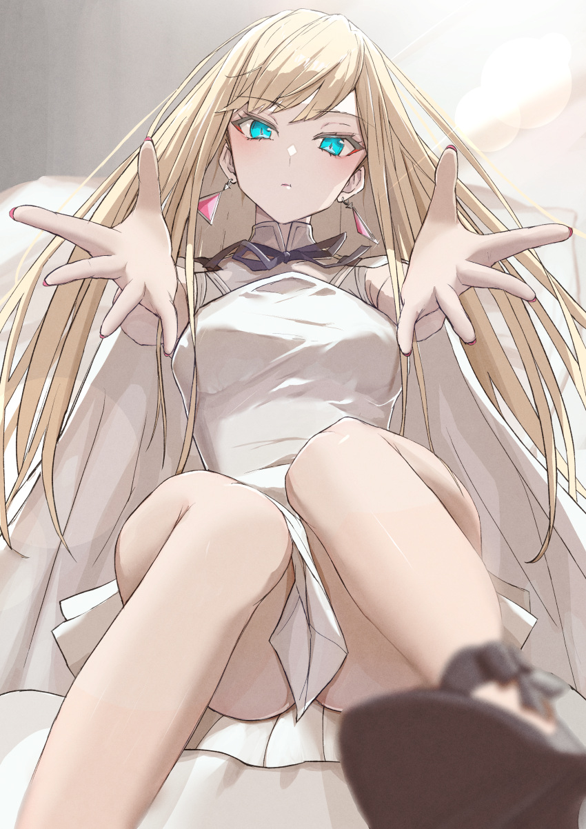 1girl absurdres bangs blonde_hair blue_eyes blush breasts capelet dress earrings expressionless eyebrows_visible_through_hair gigi_andalusia gundam gundam_hathaway's_flash head_tilt highres jewelry lens_flare long_hair looking_at_viewer necosuna7l open_hands outstretched_arms sitting small_breasts solo triangle_earrings white_capelet white_dress