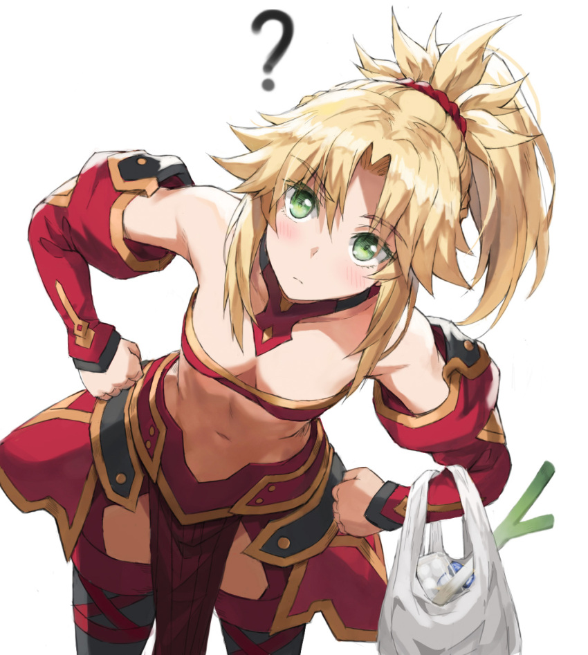 1girl ? armor bag bandeau bangs bare_shoulders black_legwear blonde_hair blush braid breasts collarbone detached_collar detached_sleeves egg_carton fate/apocrypha fate_(series) faulds french_braid green_eyes grocery_bag hair_ornament hair_scrunchie highres leaning_forward leaning_to_the_side long_hair looking_at_viewer mordred_(fate) mordred_(fate/apocrypha) navel parted_bangs pelvic_curtain ponytail revision scrunchie shopping_bag sidelocks simple_background small_breasts solo spring_onion thigh-highs thighs tonee