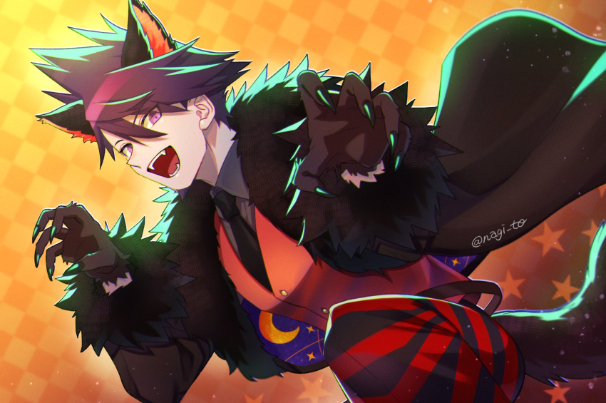 1boy alternate_costume animal_ears bangs belt black_neckwear checkered checkered_background claws collared_shirt danganronpa_(series) danganronpa_v3:_killing_harmony fangs fur-trimmed_jacket fur_trim grey_shirt halloween_costume hands_up highres jacket male_focus momota_kaito nagi_to_(kennkenn) necktie open_mouth orange_background pants pointy_nose red_vest shirt smile space_print star_(symbol) starry_sky_print striped striped_pants tail vest wolf_ears wolf_paws wolf_tail