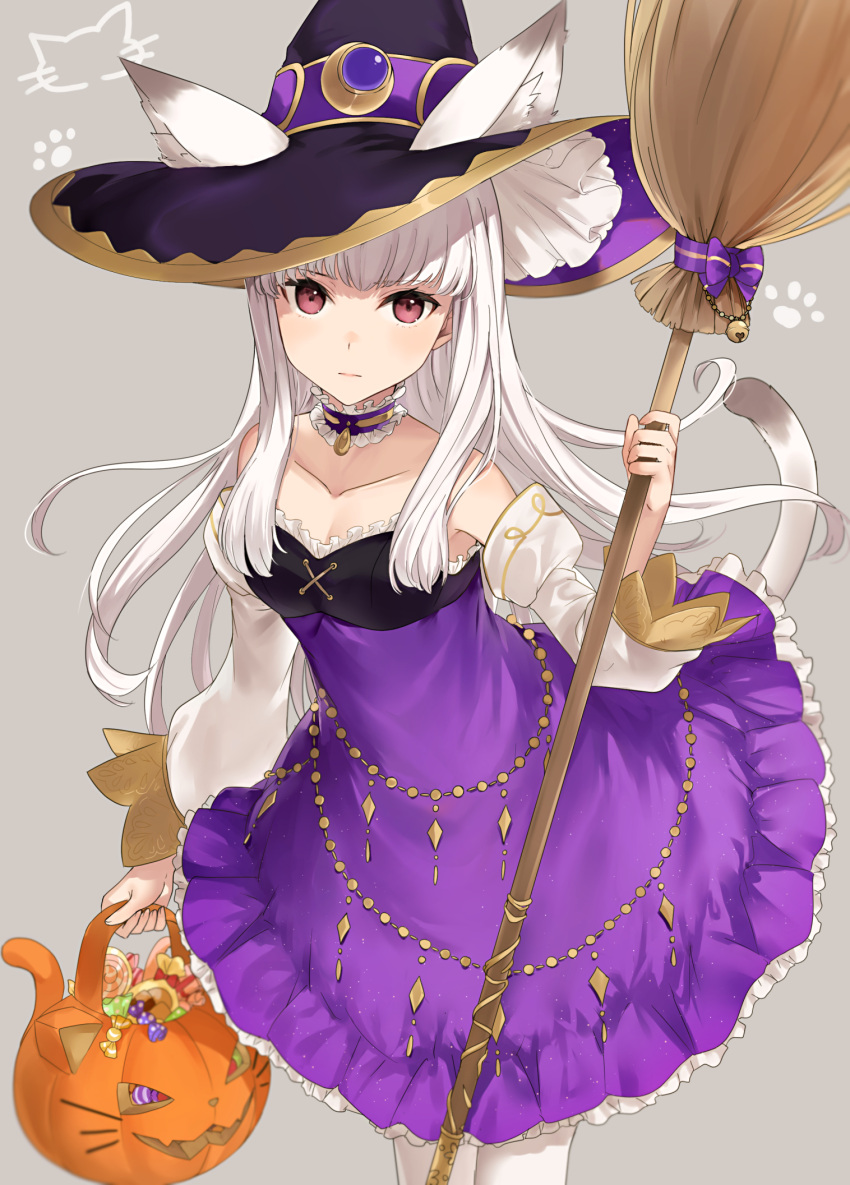1girl animal_ears bare_shoulders breasts broom candy cat_ears cat_girl cat_tail choker collarbone commentary_request detached_sleeves dress eyebrows_visible_through_hair fire_emblem fire_emblem:_three_houses food grey_background halloween_bucket haru_(nakajou-28) hat highres long_hair looking_at_viewer lysithea_von_ordelia pantyhose simple_background small_breasts solo tail white_hair witch_hat