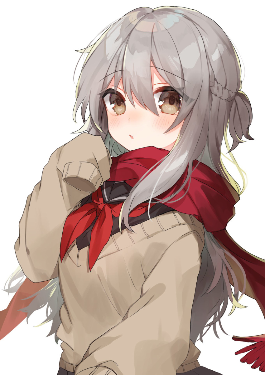 1girl beige_sweater black_shirt brown_eyes highres long_hair long_sleeves noi_mine original red_ribbon red_scarf ribbon sailor_collar scarf school_uniform shirt simple_background sleeves_past_wrists white_background