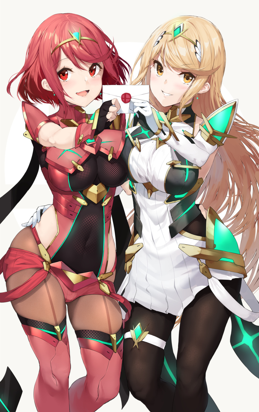 2girls bangs bare_shoulders black_gloves black_legwear blonde_hair breasts chest_jewel commentary_request dress earrings elbow_gloves fingerless_gloves gloves hair_ornament headpiece highres jewelry large_breasts long_hair multiple_girls mythra_(massive_melee)_(xenoblade) mythra_(xenoblade) pantyhose pyra_(xenoblade) red_eyes red_legwear red_shorts redhead revision short_dress short_hair short_shorts shorts simple_background smash_invitation smile super_smash_bros. swept_bangs teeth thigh-highs tiara very_long_hair white_dress white_gloves xenoblade_chronicles_(series) xenoblade_chronicles_2 yappen yellow_eyes