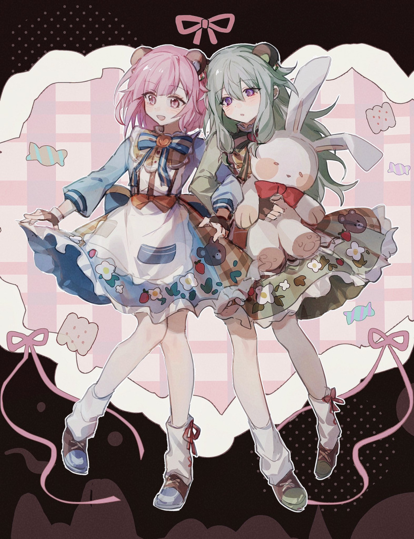 2girls :o animal_ears apron bangs bear_ears blue_bow blue_bowtie blue_dress blunt_bangs bow bowtie brown_gloves candy commentary cookie dress fingerless_gloves floral_print food frilled_dress frills full_body gloves green_dress green_hair highres hisakawa_sora holding holding_stuffed_toy kusanagi_nene leg_lift long_hair long_sleeves loose_socks low-tied_long_hair multiple_girls ootori_emu open_mouth pink_eyes pink_hair project_sekai red_bow red_bowtie ribbon shoes short_hair socks standing stuffed_animal stuffed_bunny stuffed_toy violet_eyes white_apron white_legwear