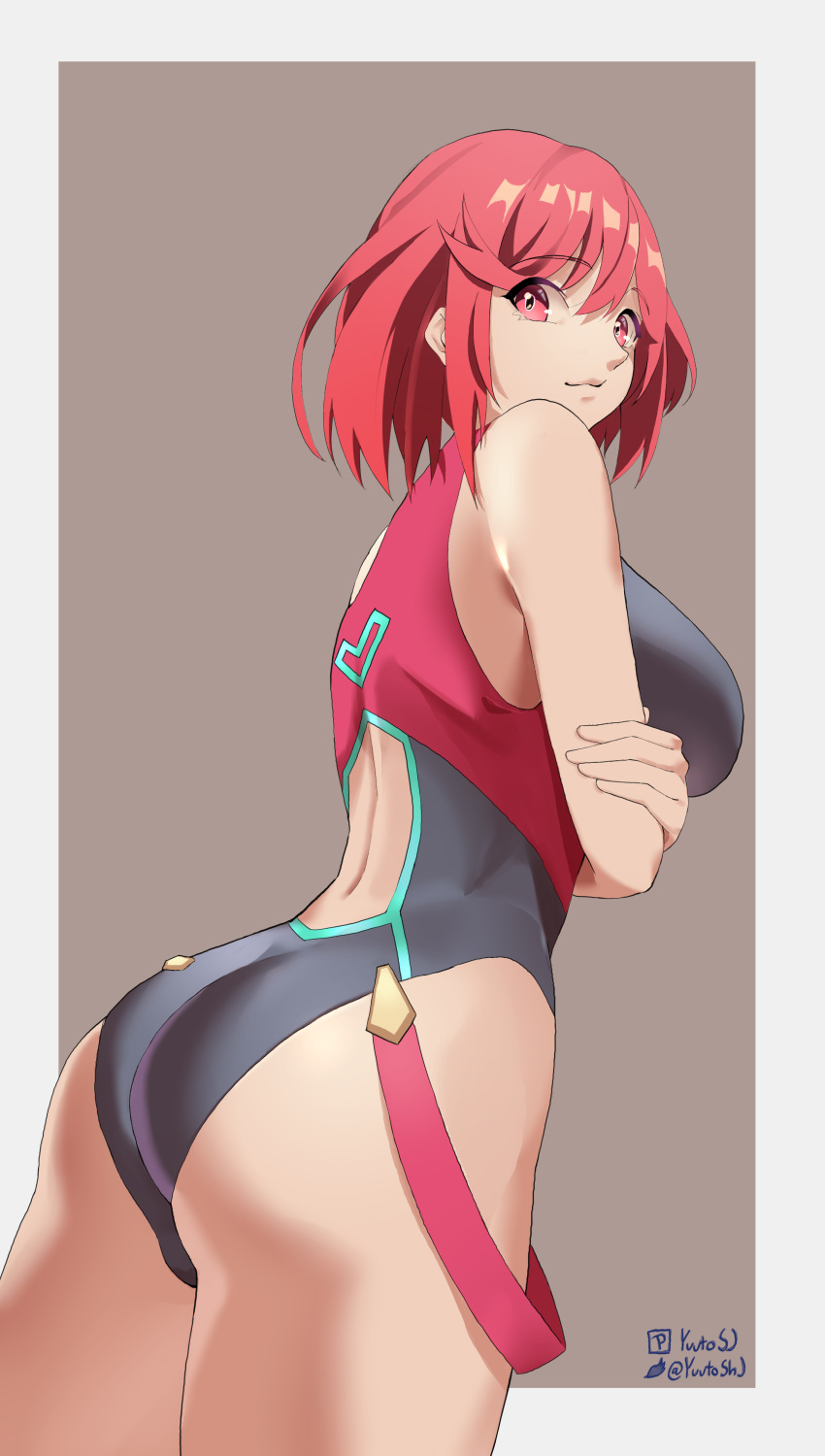 1girl absurdres ass bangs black_swimsuit breasts competition_swimsuit highres large_breasts one-piece_swimsuit pyra_(pro_swimmer)_(xenoblade) pyra_(xenoblade) red_eyes red_swimsuit redhead short_hair signature solo swept_bangs swimsuit two-tone_swimsuit xenoblade_chronicles_(series) xenoblade_chronicles_2 yuutosj