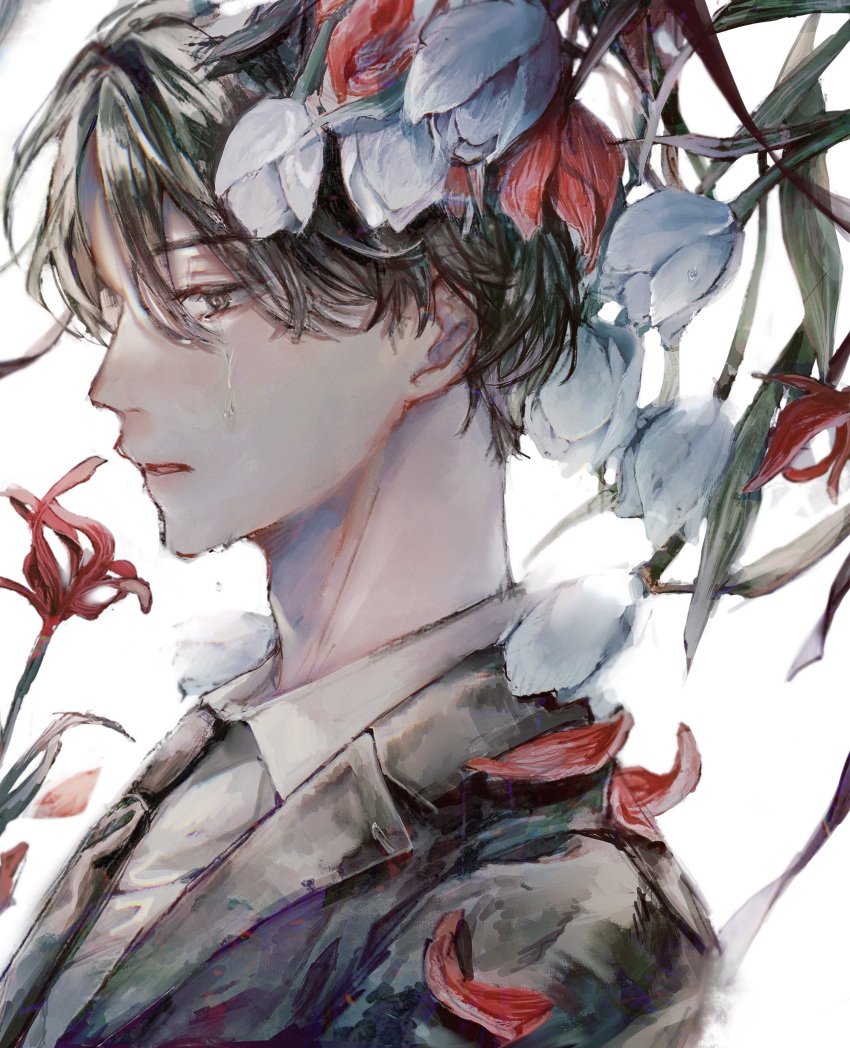 1boy absurdres brown_eyes brown_hair crying crying_with_eyes_open flower formal highres looking_down male_focus original orokudesu petals profile short_hair sidelocks solo spider_lily suit tears tulip white_background