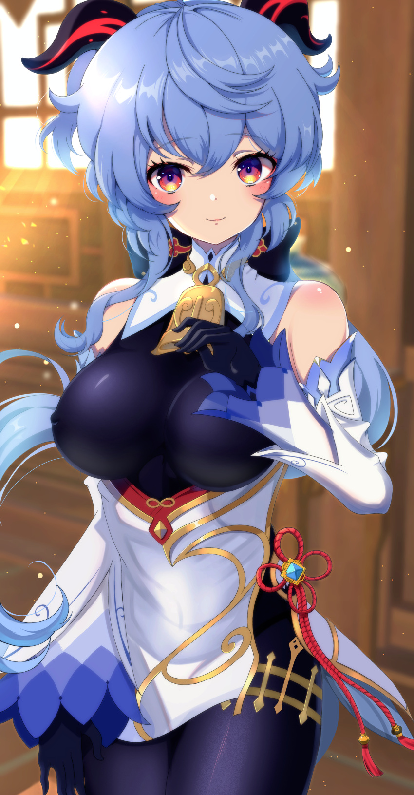 1girl absurdres azumi_(mocha) bangs bare_shoulders bell black_gloves black_legwear blue_hair blush bow bowtie breasts chinese_knot covered_nipples cowboy_shot detached_sleeves eyebrows_visible_through_hair flower_knot ganyu_(genshin_impact) genshin_impact gloves gold_trim hand_on_own_chest highres horns indoors large_breasts long_hair looking_at_viewer multicolored multicolored_eyes neck_bell sidelocks smile standing tassel thighlet thighs vision_(genshin_impact) white_sleeves