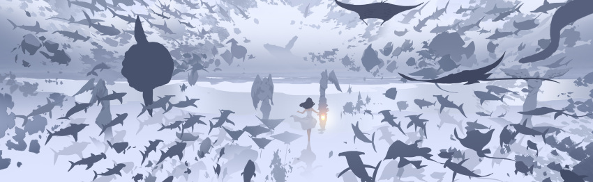 1girl absurdres animal black_hair commentary dress english_commentary facing_away fish flying_fish from_behind glowing hammerhead_shark hands_up highres holding holding_lantern ice_(805482263) lantern long_hair manta_ray original outdoors reflection scenery shark silhouette sleeveless solo standing statue water whale white_dress wide_shot wind wind_lift