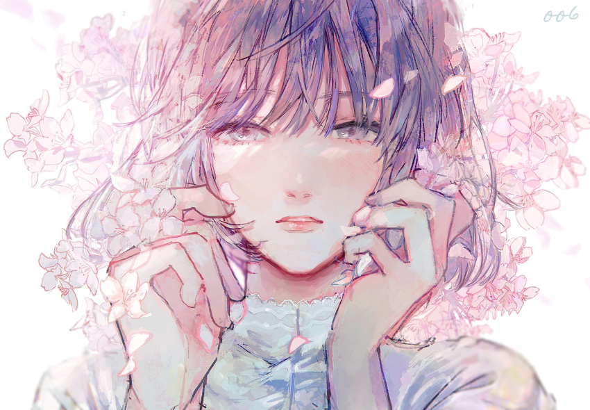 1girl bangs blunt_bangs cherry_blossoms expressionless flower highres light_rays looking_at_viewer original orokudesu petals pink_eyes pink_flower pink_hair pink_theme short_hair solo straight_hair sunbeam sunlight teeth upper_body violet_eyes wind