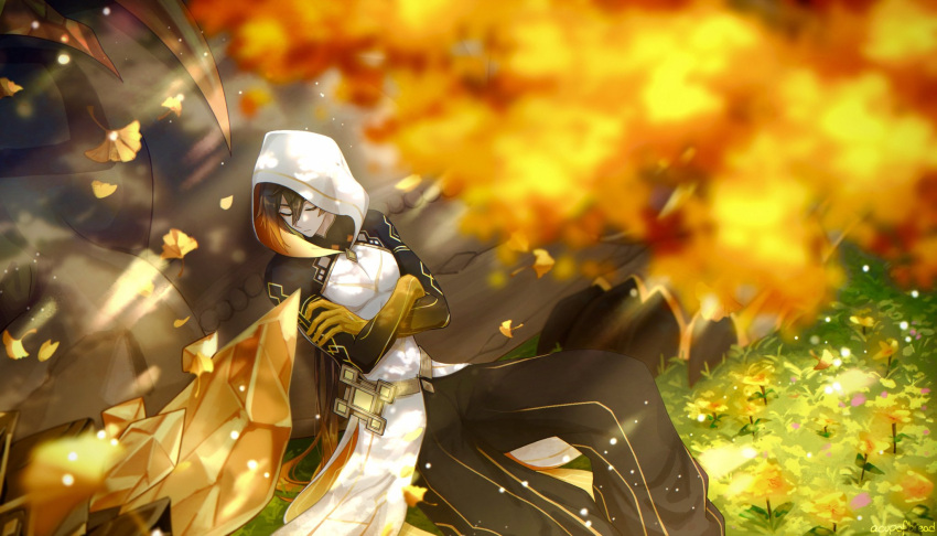 1boy :| acupofbread alternate_costume azhdaha_(genshin_impact) baggy_pants bangs bare_shoulders black_hair blurry blurry_foreground brown_hair closed_eyes closed_mouth coat crossed_arms falling_leaves feet_out_of_frame flower genshin_impact ginkgo_leaf gradient_hair grass hair_between_eyes hair_tie highres hooded_coat leaf long_hair multicolored_hair orange_hair pants ponytail rex_lapis_(genshin_impact) sleeping sleeveless solo white_coat yellow_flower zhongli_(genshin_impact)