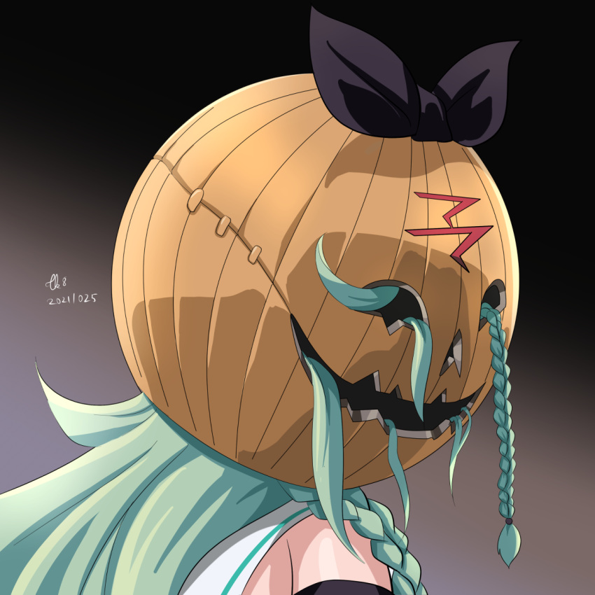 1girl back black_background black_ribbon black_serafuku black_skirt blue_ribbon braid breasts dated detached_sleeves gradient gradient_background green_eyes green_hair gundam gundam_hathaway's_flash hair_ribbon halloween halloween_costume highres horror_(theme) jack-o'-lantern kantai_collection long_hair looking_at_viewer looking_back mafti_nabiyu_erin medium_breasts neckerchief ponytail pumpkin remodel_(kantai_collection) ribbon sailor_collar school_uniform serafuku signature skirt solo tk8d32 twin_braids upper_body what white_sailor_collar yamakaze_(kancolle)