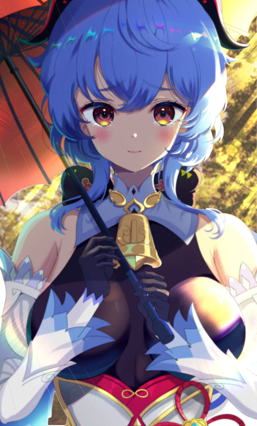 1girl absurdres azumi_(mocha) bangs bare_shoulders bell black_gloves blue_hair blush bow bowtie breasts crying crying_with_eyes_open curled_horns detached_sleeves eyebrows_visible_through_hair flower_knot ganyu_(genshin_impact) genshin_impact gloves gold_trim highres holding holding_umbrella horns large_breasts looking_at_viewer multicolored multicolored_eyes neck_bell sidelocks smile tears umbrella vision_(genshin_impact) white_sleeves