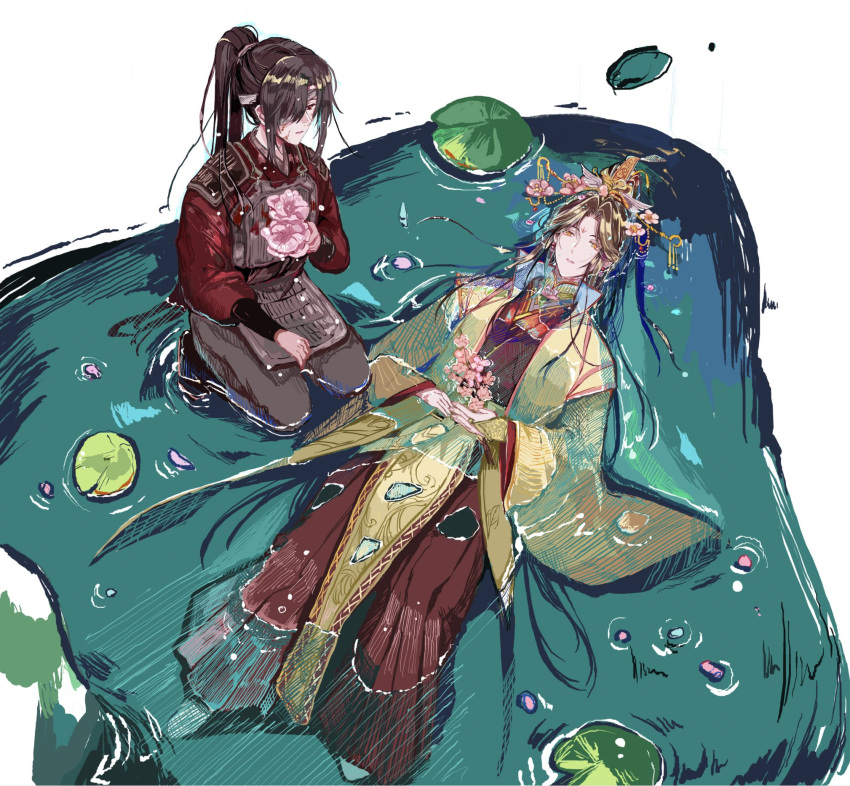 2boys bandages bandages_over_eyes black_hair brooch chinese_clothes couple eyepatch floating flower full_body hair_flower hair_ornament high_ponytail highres hozuhakusai hua_cheng jewelry kneeling liquid long_hair long_sleeves lotus lying lying_on_water male_focus multiple_boys tian_guan_ci_fu very_long_hair water xie_lian