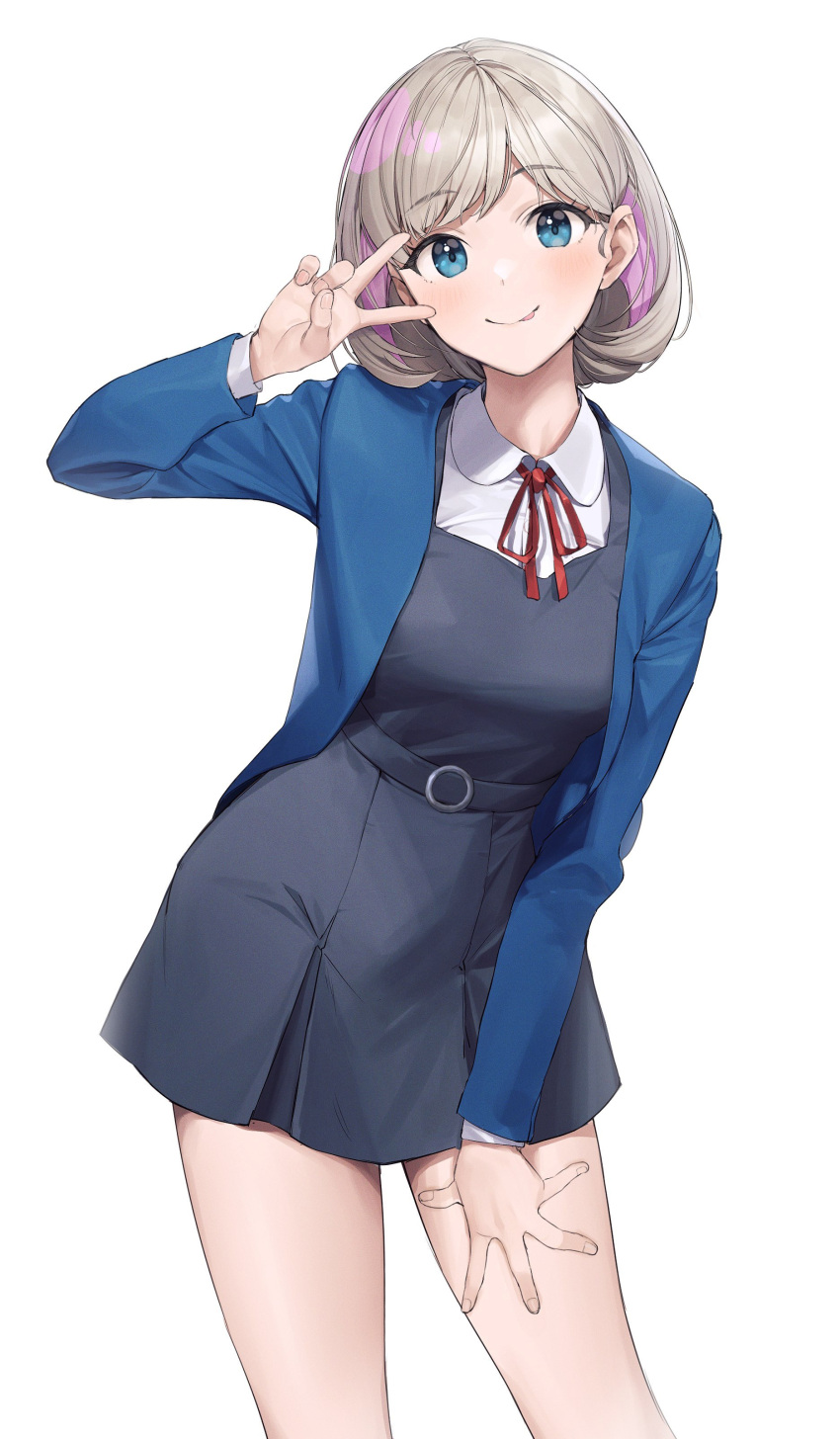 1girl :p absurdres bangs belt blue_eyes blue_jacket blush buttons closed_mouth collared_shirt commentary contrapposto cowboy_shot dress dress_shirt eyebrows_visible_through_hair fingernails grey_belt grey_dress grey_hair hand_on_own_thigh hand_up highres hiyashi_yaki jacket long_sleeves looking_at_viewer love_live! love_live!_superstar!! multicolored_hair neck_ribbon open_clothes open_jacket pinafore_dress pleated_dress red_ribbon ribbon school_uniform shirt short_hair simple_background smile solo standing tang_keke tongue tongue_out two-tone_hair v v_over_eye white_background white_shirt yuigaoka_school_uniform