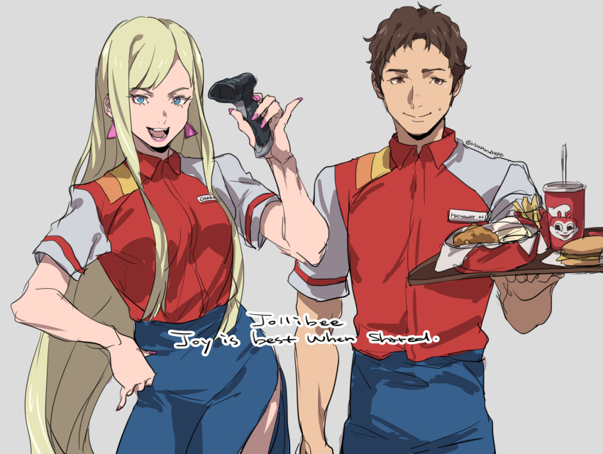 1boy 1girl absurdres barcode_scanner black_hair blonde_hair blue_eyes blue_pants blue_skirt brown_eyes brown_hair burger collared_shirt cup disposable_cup earrings employee_uniform fast_food_uniform food french_fries gigi_andalusia gundam gundam_hathaway's_flash hathaway_noa highres holding holding_scanner holding_tray jewelry jollibee jollibee_(mascot) nail_polish pants pink_nails red_shirt ryukusou shirt sketch skirt smile tray triangle_earrings uniform