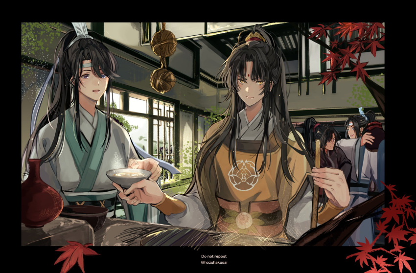 4boys alcohol bangs bindi black_hair chinese_clothes cooking facial_mark food forehead_mark high_ponytail highres hozuhakusai jar jin_ling lan_jingyi lan_sizhui leaf long_hair long_sleeves male_focus maple_leaf mo_dao_zu_shi multiple_boys parted_bangs sidelocks soup swept_bangs upper_body very_long_hair wei_wuxian