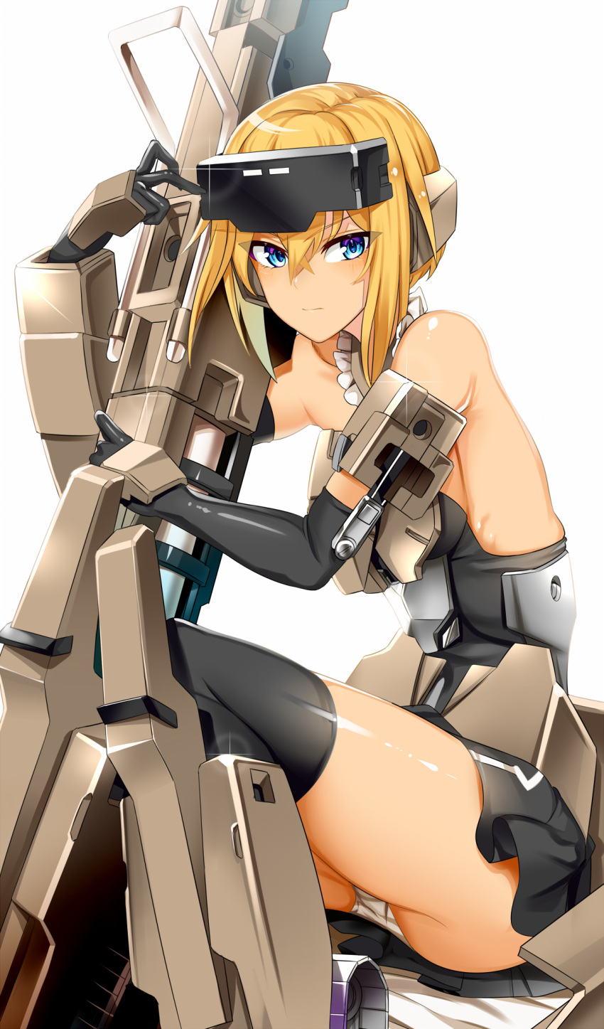 1girl armor bare_shoulders black_gloves black_legwear black_skirt blonde_hair blue_eyes cannon closed_mouth doko_tetora elbow_gloves frame_arms_girl gloves goggles goggles_on_head gourai highres holding holding_weapon looking_at_viewer miniskirt panties pantyshot sidelocks simple_background sitting skirt solo striped striped_panties thigh-highs underwear weapon white_background white_panties