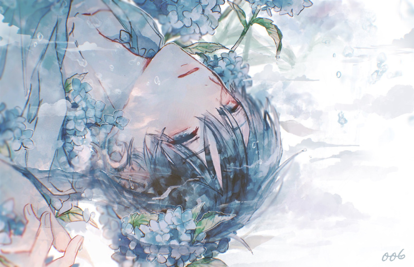 1boy black_hair blue_eyes blue_flower collarbone expressionless flower forget-me-not_(flower) highres looking_at_viewer lying male_focus original orokudesu solo upper_body water