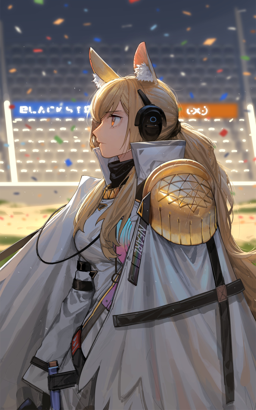 1girl animal_ear_fluff arknights armor black_scarf blonde_hair breasts character_name cloak clothes_writing commentary confetti from_side headset highres implied_extra_ears large_breasts long_hair long_sleeves nearl_(arknights) nearl_the_radiant_knight_(arknights) official_alternate_costume outdoors pauldrons ponytail profile rhine_lab_logo scarf shirt shoulder_armor sidelocks solo stadium upper_body very_long_hair white_cloak white_shirt yellow_eyes zhili_xingzou