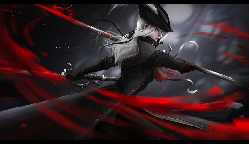 1girl absurdres blood bloodborne blue_eyes coat fighting_stance hat highres holding holding_weapon lady_maria_of_the_astral_clocktower long_coat long_hair ponytail solo weapon