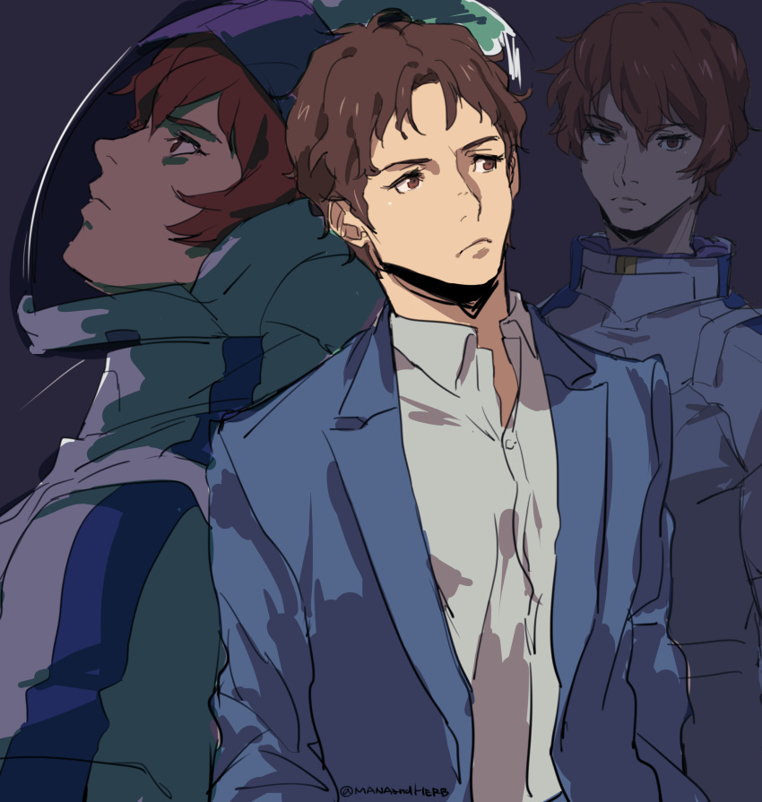 2boys absurdres blue_jacket brown_eyes brown_hair collared_shirt formal gundam gundam_hathaway's_flash hair_behind_ear hathaway_noa helmet highres jacket lane_aim looking_at_viewer looking_to_the_side looking_up male_focus multiple_boys pilot_suit ryukusou shirt sketch suit white_shirt