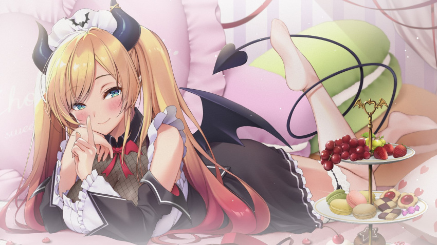 1girl bangs black_skirt blonde_hair blue_eyes blush breasts cherry closed_mouth commentary_request demon_girl demon_horns demon_tail demon_wings detached_sleeves eyebrows_visible_through_hair feet_up finger_to_mouth food frilled_shirt frilled_skirt frilled_sleeves frills fruit full_body gradient_hair grapes heart high-waist_skirt highres hololive horns large_breasts layered_sleeves long_hair long_sleeves looking_at_viewer lying maid_headdress makinan multicolored_hair no_shoes on_stomach redhead shirt shushing skirt smile solo strawberry sweets tail tail_around_leg thigh-highs tiered_tray twintails virtual_youtuber white_legwear white_shirt wings yuzuki_choco