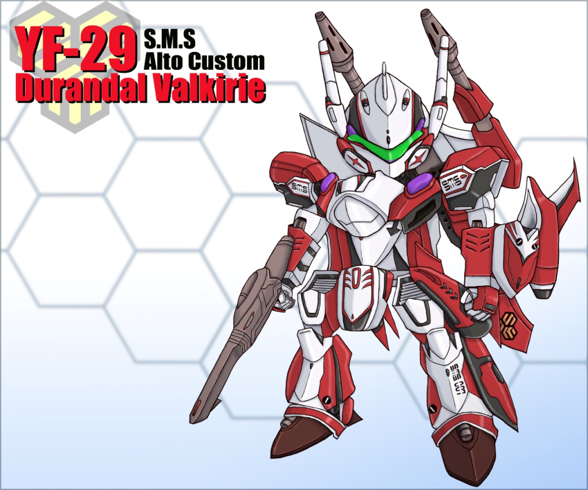amaru_keiichi battroid beam_cannon beam_rifle character_name chibi commentary_request energy_gun english_text full_body green_eyes hexagon highres honeycomb_(pattern) honeycomb_background looking_at_viewer macross macross_frontier macross_frontier:_sayonara_no_tsubasa mecha no_humans solo standing variable_fighter weapon yf-29