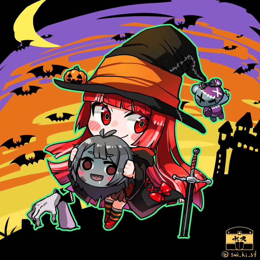 3girls bat black_dress black_sky blush_stickers castle chibi colored_skin crescent_moon disembodied_head dress eyebrows_visible_through_hair grey_hair grey_skin halloween halloween_costume hat highres holding_another's_head hololive hololive_indonesia indie_virtual_youtuber kureiji_ollie looking_at_viewer moon multiple_girls night night_sky olivia_(kureiji_ollie) orange_sky planted planted_sword pumpkin purple_sky red_eyes redhead sky stitches sui_hi_sf sword twitter_username udin_(kureiji_ollie) underground weapon witch witch_hat yellow_sky zombie zonbko