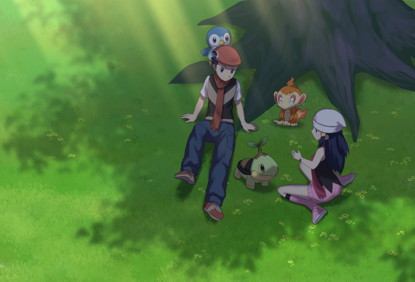 1boy 1girl arm_support beanie black_legwear boots chimchar commentary_request hikari_(pokemon) day emoemon grass hair_ornament hairclip hat highres kneehighs light_rays long_hair lucas_(pokemon) on_head outdoors pants pink_footwear pink_skirt piplup pokemon pokemon_(creature) pokemon_(game) pokemon_dppt pokemon_on_head red_headwear red_scarf scarf shirt shoes short_sleeves sitting skirt sleeveless sleeveless_shirt starter_pokemon_trio tree turtwig white_headwear