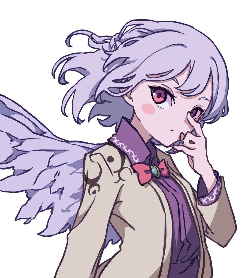 1girl :/ absurdres angel_wings arm_up bangs beige_jacket blush_stickers bow bowtie braid breasts collared_dress commentary_request dress emerald_(gemstone) feathered_wings french_braid hand_to_own_mouth highres kame_(kamepan44231) kishin_sagume long_sleeves looking_at_viewer medium_breasts one-hour_drawing_challenge purple_dress red_bow red_bowtie red_eyes short_hair silver_hair simple_background single_wing solo standing touhou upper_body white_background wing_collar wings