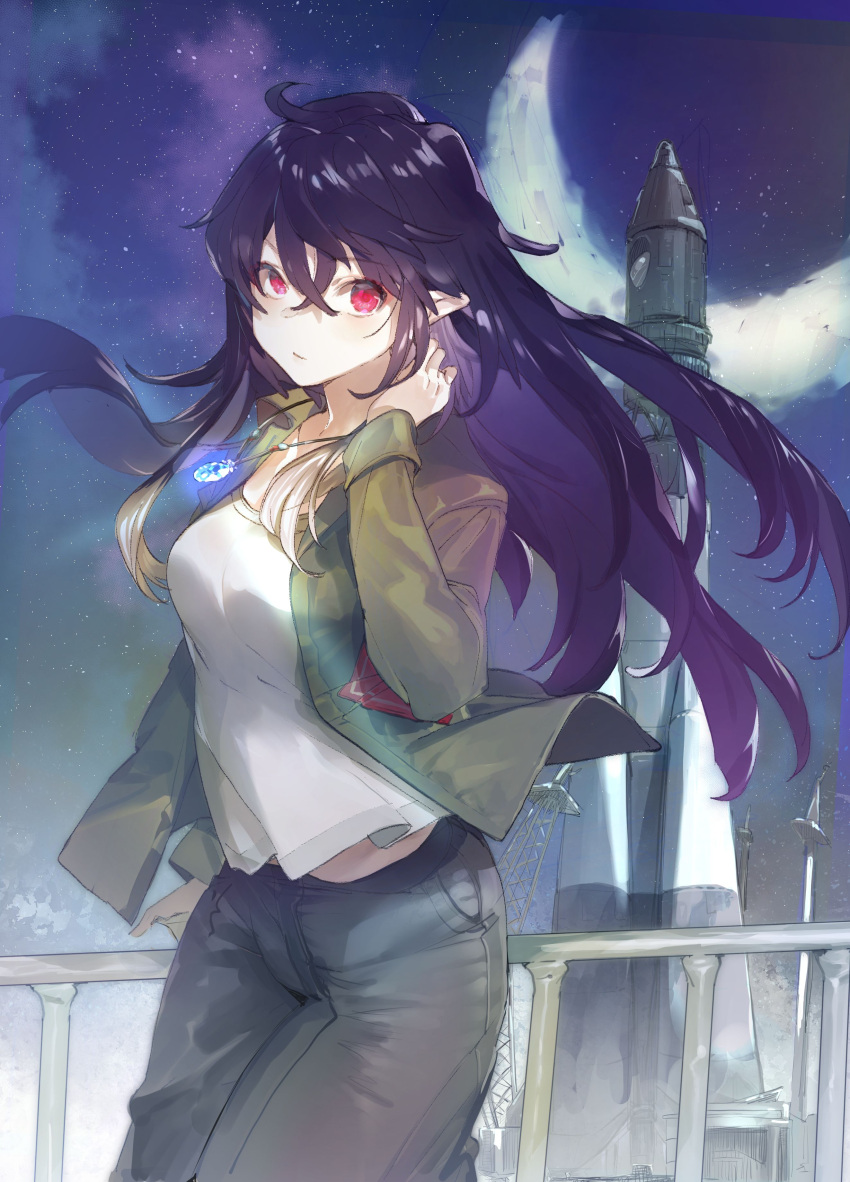 1girl absurdres closed_mouth crescent_moon green_jacket grey_pants hand_up highres irina_luminesk jacket long_hair looking_at_viewer moon night night_sky open_clothes open_jacket pants pointy_ears purple_hair railing red_eyes rocket shirt sky solo souji_hougu standing star_(sky) starry_moon starry_sky tsuki_to_laika_to_nosferatu white_shirt