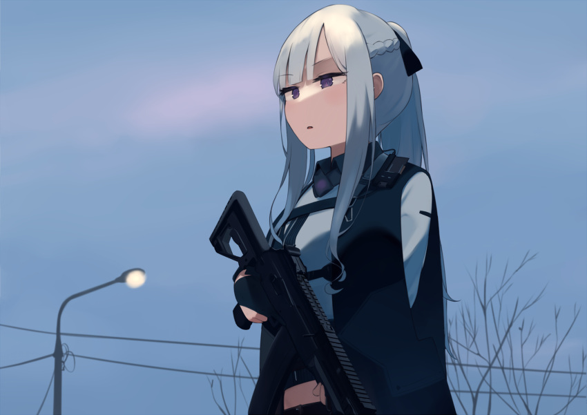 1girl :o ak-12 ak-12_(girls'_frontline) assault_rifle black_gloves blue_sky braid eyebrows_visible_through_hair french_braid girls_frontline gloves gun hair_ribbon highres hinami047 holding holding_gun holding_weapon kalashnikov_rifle long_hair looking_away open_mouth ribbon rifle silver_hair simple_background sky solo tactical_clothes upper_body violet_eyes weapon
