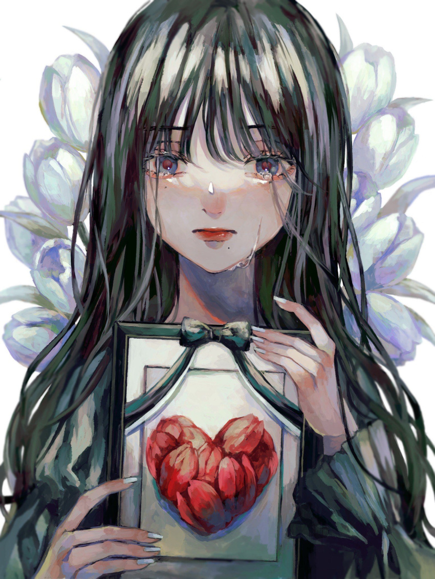 bangs black_bow black_hair blunt_bangs bow crying crying_with_eyes_open flower framed_image heart highres long_hair looking_at_viewer mole mole_under_eye mole_under_mouth original orokudesu red_flower red_lips tears tulip upper_body wavy_hair