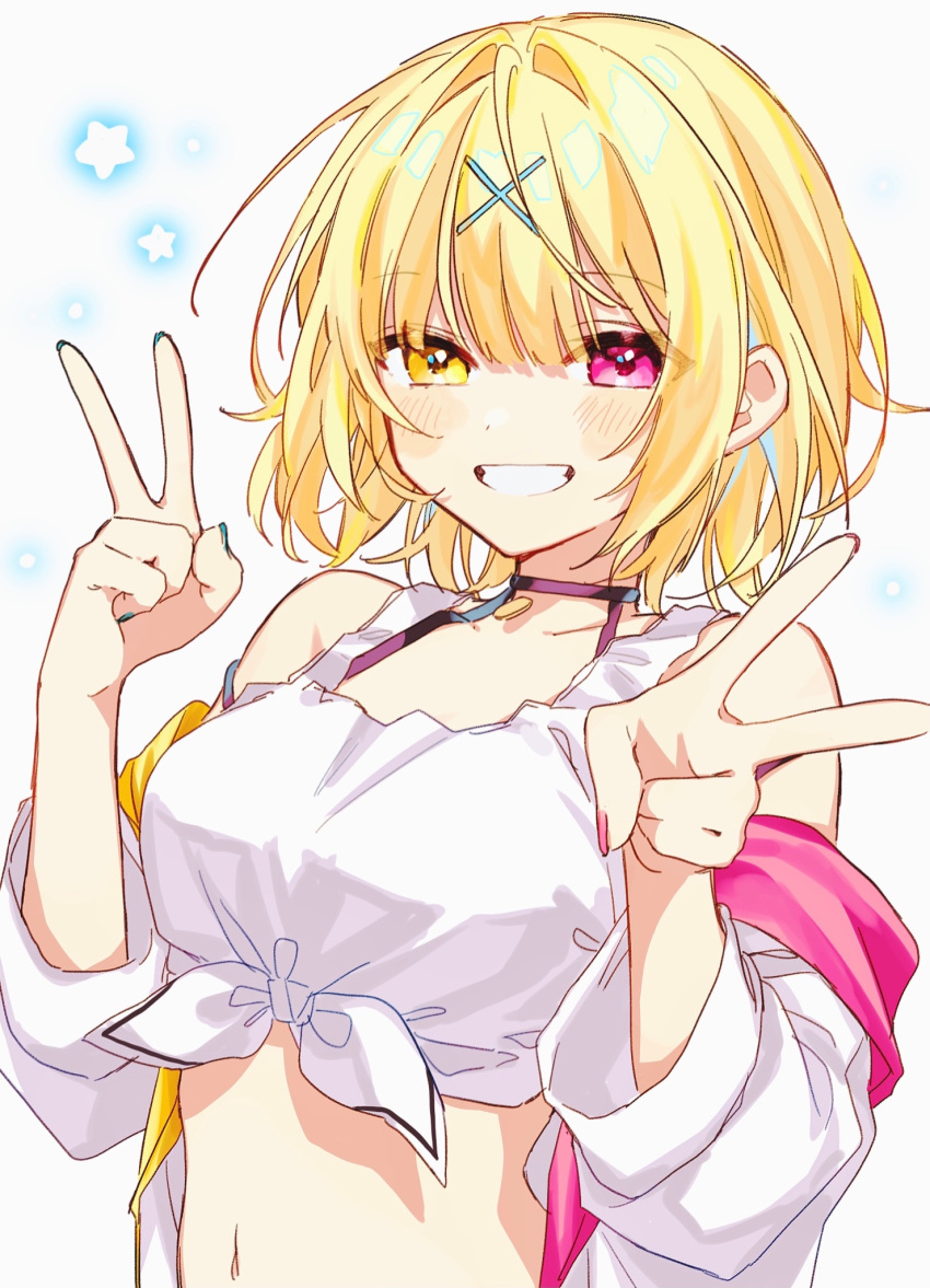 1_ma 1girl bangs blonde_hair blue_nails breasts double_v eyebrows_visible_through_hair grin hair_ornament heterochromia highres hoshikawa_sara jacket long_sleeves looking_at_viewer medium_breasts midriff nail_polish navel nijisanji pink_eyes pink_nails shirt short_hair simple_background smile solo star_(symbol) tank_top tied_shirt upper_body v virtual_youtuber white_background white_jacket white_tank_top x_hair_ornament yellow_eyes