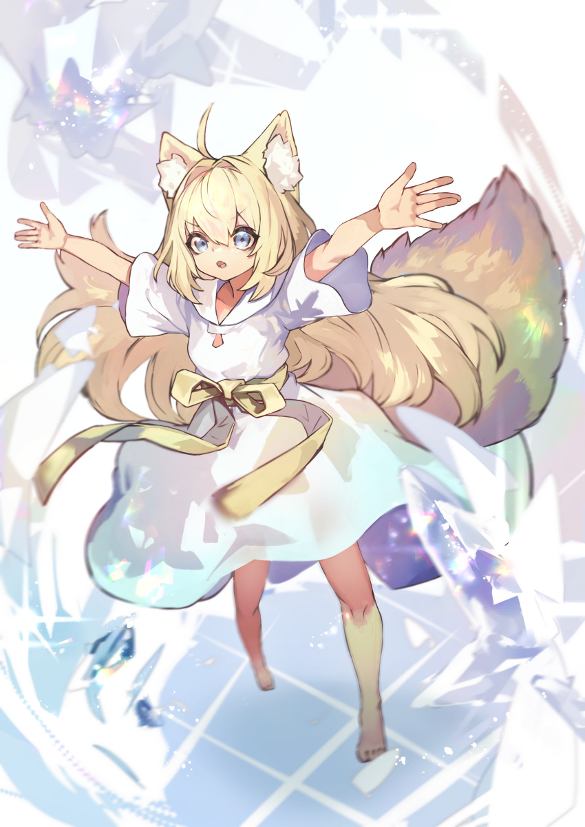 1girl absurdres ahoge animal_ear_fluff animal_ears arms_up barefoot blonde_hair blue_eyes bow collarbone commission crystal dress eyebrows_visible_through_hair fox_girl fox_tail glint hair_between_eyes highres long_hair open_hands open_mouth original shiba_(s_hi_ba_) skeb_commission solo tail tongue white_dress yellow_bow