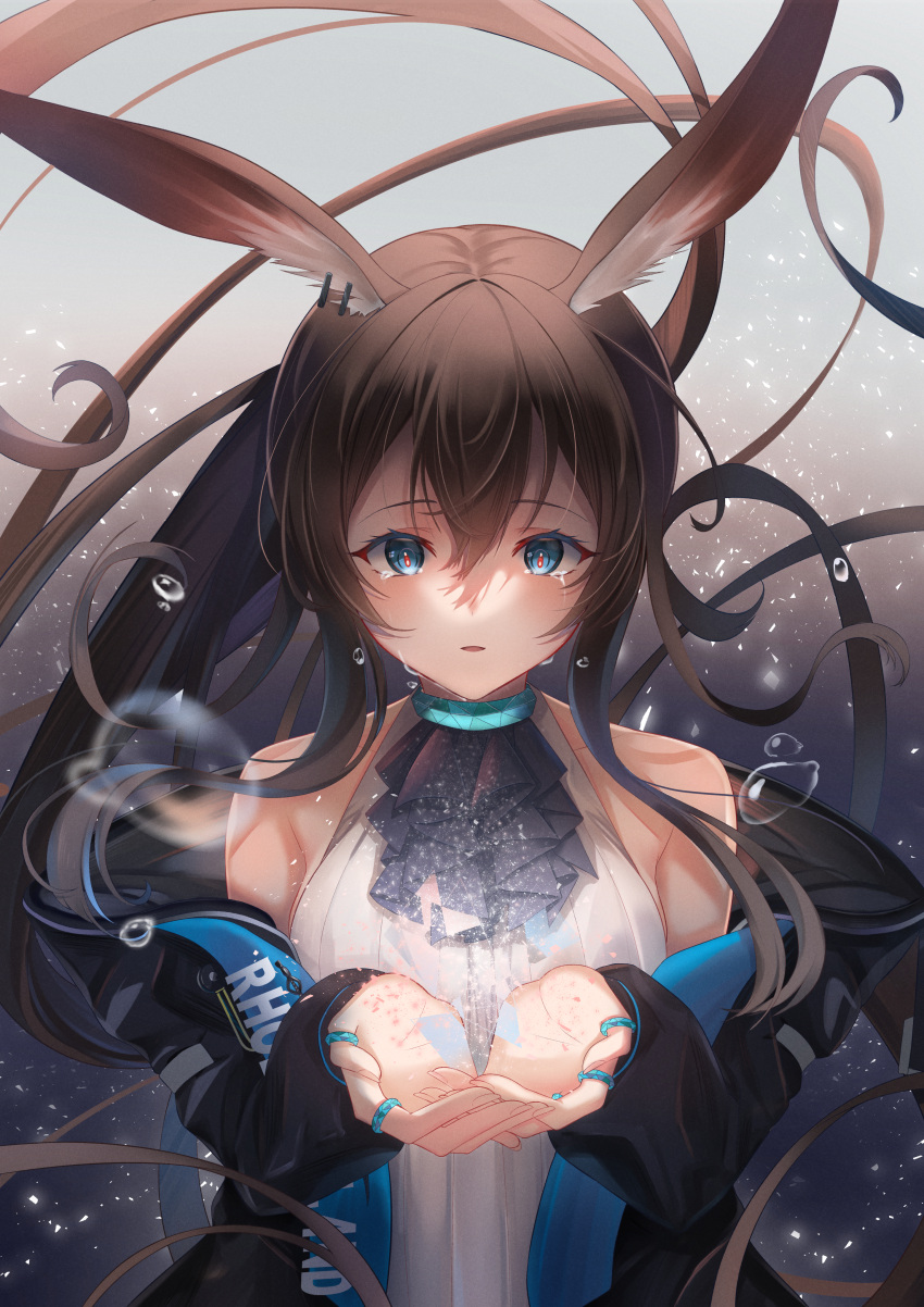 1girl absurdres amiya_(arknights) animal_ear_fluff animal_ears arknights ascot bangs bare_shoulders black_coat black_neckwear blue_eyes blush breasts brown_hair clothes_writing coat crying crying_with_eyes_open ear_piercing gradient gradient_background grey_background hair_between_eyes highres jewelry light_particles long_hair long_sleeves medium_breasts multiple_rings open_clothes open_coat own_hands_together parted_lips piercing ponytail rabbit_ears ring shirt solo sora01o tears upper_body very_long_hair water_drop white_shirt