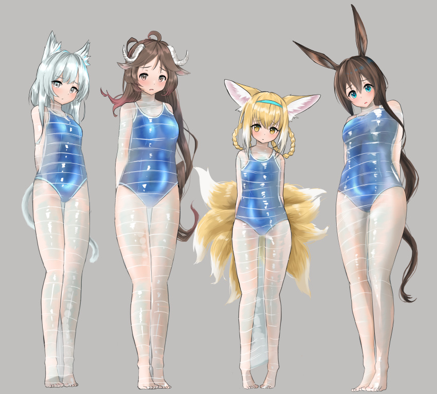 4girls absurdres ahoge amiya_(arknights) animal_ear_fluff animal_ears arknights bangs blonde_hair blue_eyes blue_hairband blue_swimsuit bound braid breasts cat_ears cat_tail commentary_request covered_navel eyebrows_visible_through_hair eyjafjalla_(arknights) fox_ears fox_tail full_body grey_background grey_eyes hair_rings hairband highres horns long_hair looking_at_viewer medium_breasts multiple_girls multiple_tails mummification one-piece_swimsuit parted_lips rabbit_ears rosmontis_(arknights) seirein_(htyn2888) sheep_ears sheep_horns silver_hair simple_background standing suzuran_(arknights) swimsuit tail very_long_hair yellow_eyes