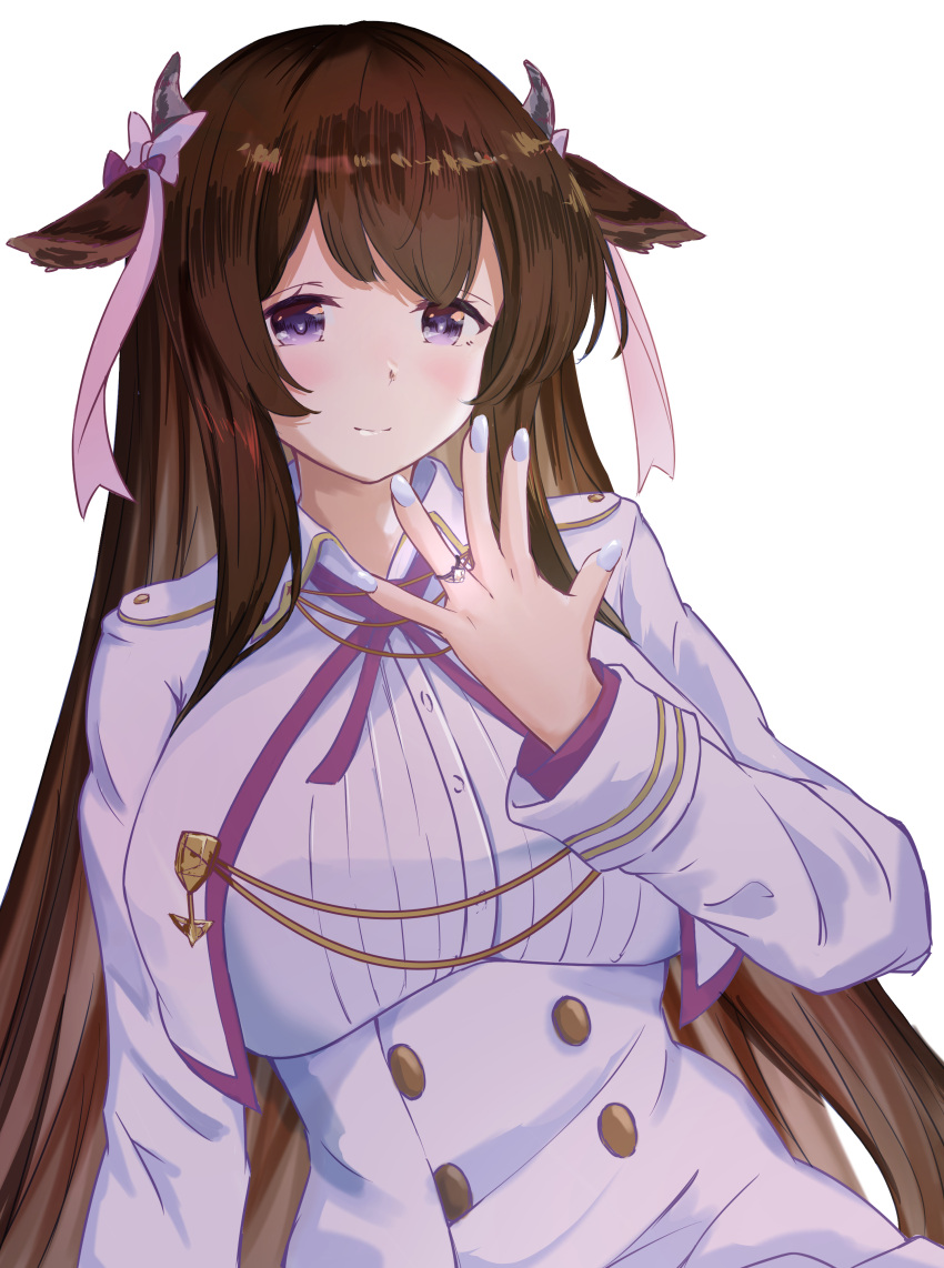 1girl absurdres animal_ears azur_lane breasts brown_hair buttons capelet commentary cow_ears cow_girl cow_horns double-breasted hair_ribbon highres horns huge_breasts jacket jewelry kashino_(azur_lane) long_hair looking_at_viewer nail_polish ribbon ring simple_background solo very_long_hair violet_eyes wedding_ring white_background white_capelet white_jacket white_nails yuzu_minari