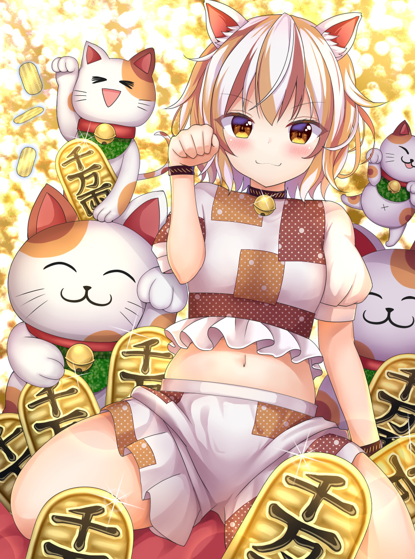 1girl :3 absurdres animal_ears bangs brown_eyes brown_hair calico cat_ears clenched_hand closed_mouth coin eyebrows_visible_through_hair goutokuji_mike highres looking_at_viewer maneki-neko multicolored_clothes multicolored_hair multicolored_shirt multicolored_shorts navel puffy_short_sleeves puffy_sleeves short_hair short_sleeves shorts sitting smile solo streaked_hair suigetsu_(watermoon-910) touhou white_hair