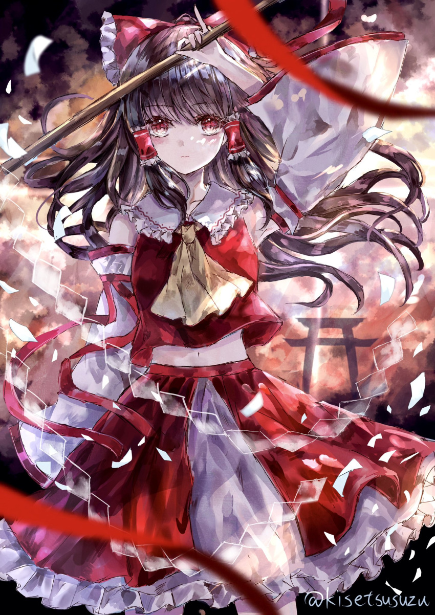1girl :| arm_up armpits ascot bangs bow breasts brown_eyes brown_hair closed_mouth collarbone commentary_request detached_sleeves expressionless eyebrows_visible_through_hair frilled_shirt_collar frilled_skirt frilled_sleeves frills gohei hair_bow hair_tubes hakurei_reimu highres long_hair long_sleeves looking_at_viewer medium_breasts midriff navel nontraditional_miko red_bow red_skirt red_vest ribbon shiny shiny_hair sidelocks skirt solo standing stomach suzushina torii touhou twitter_username upper_body vest wide_sleeves yellow_neckwear