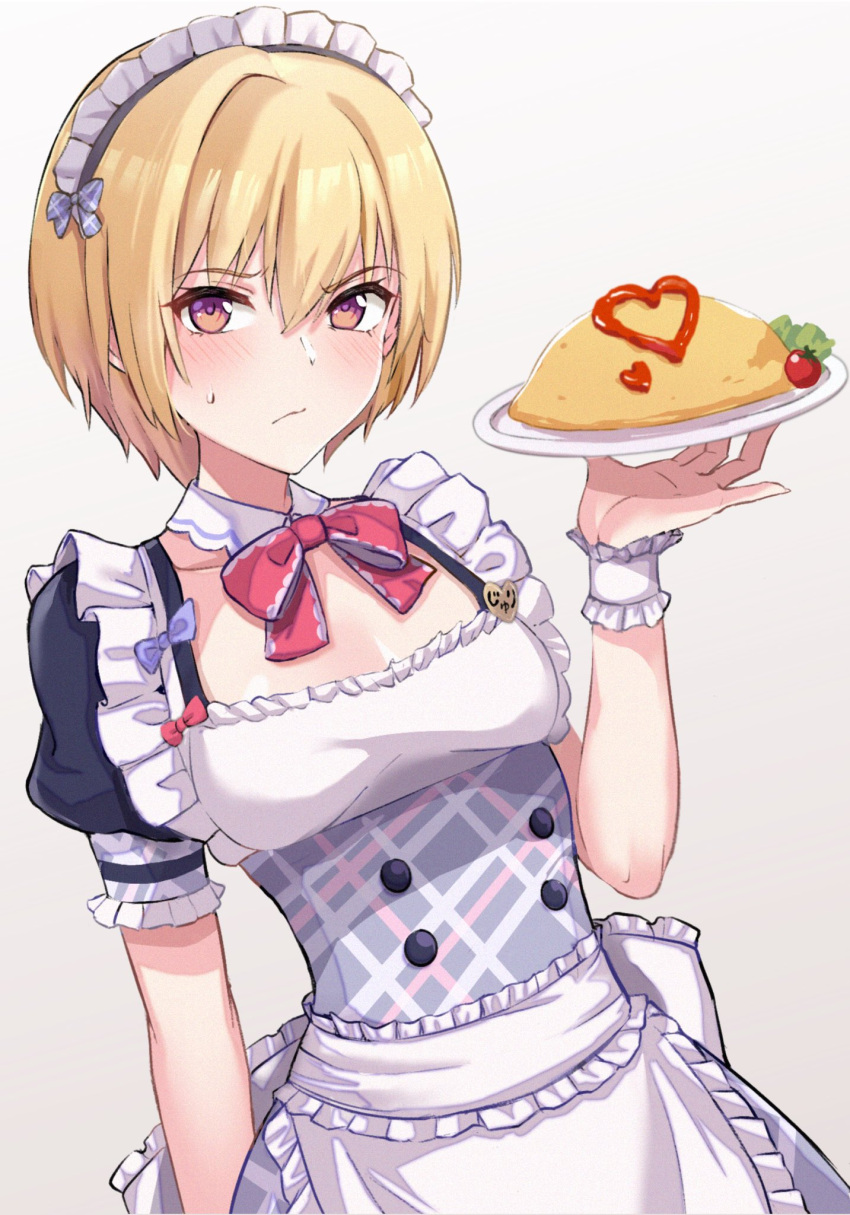 1girl apron bangs blonde_hair blue_bow blush bow bowtie breasts closed_mouth corset dress eyebrows_visible_through_hair food frilled_shirt_collar frilled_sleeves frills hair_between_eyes heart highres holding holding_plate idolmaster idolmaster_shiny_colors looking_at_viewer maid_headdress medium_breasts misakichintin plate puffy_short_sleeves puffy_sleeves red_bow red_eyes red_neckwear saijou_juri short_hair short_sleeves simple_background solo tomato underbust v-shaped_eyebrows waist_apron white_apron white_background wrist_cuffs