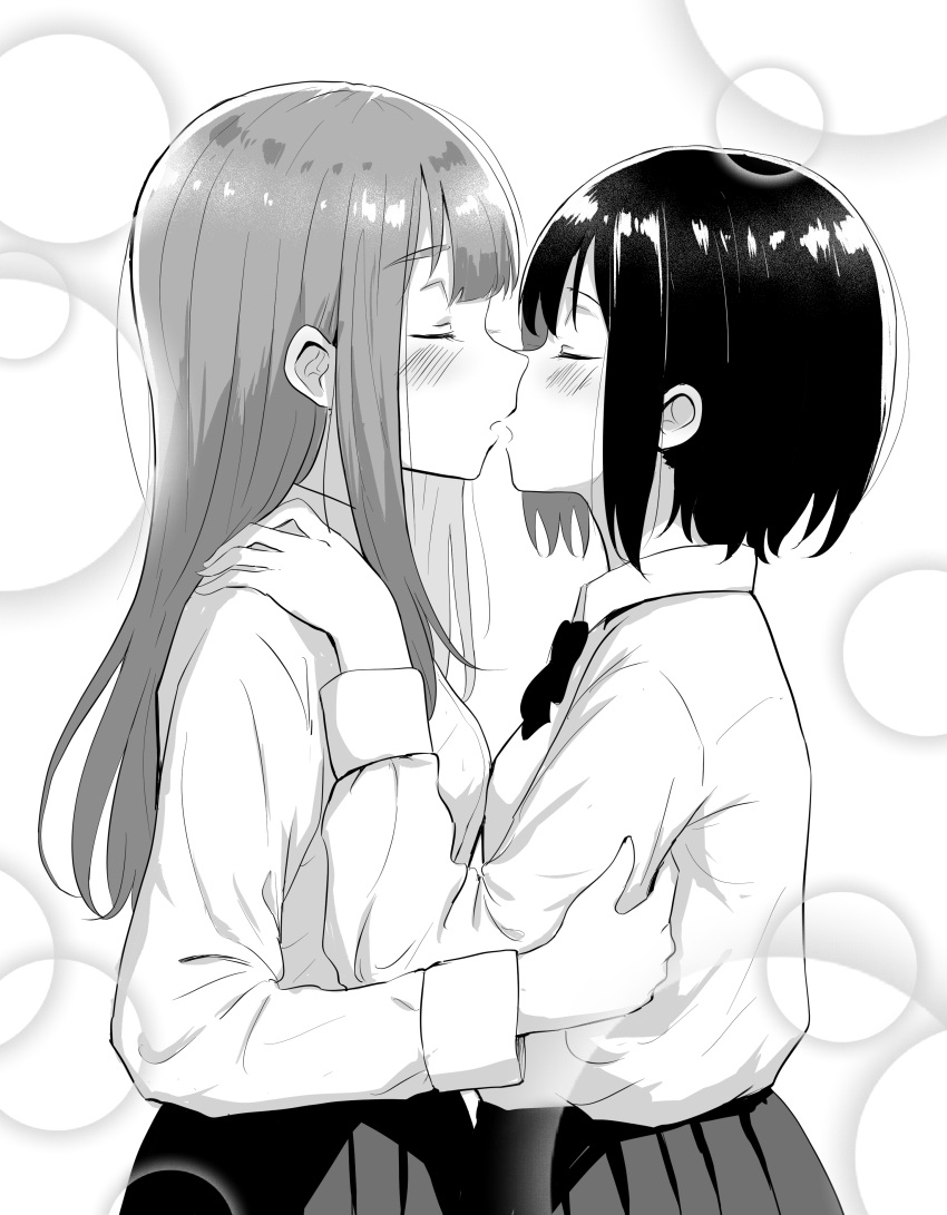 2girls absurdres bangs betock blunt_bangs blurry blush bokeh bow bowtie closed_eyes collared_shirt commentary_request depth_of_field eyebrows_visible_through_hair from_side greyscale hand_on_another's_arm hand_on_another's_shoulder highres imminent_kiss long_hair long_sleeves medium_hair monochrome multiple_girls open_mouth original parted_lips school_uniform shirt short_hair upper_body yuri