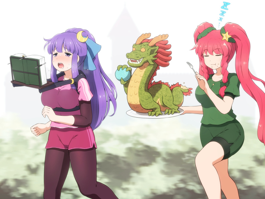 2girls :t adapted_costume alternate_hairstyle bike_shorts bike_shorts_under_shorts book closed_eyes commentary crescent crescent_hair_ornament dragon eating eyebrows_visible_through_hair food food_on_face fork green_shirt green_shorts hair_ornament highres hong_meiling jogging long_hair multiple_girls open_mouth patchouli_knowledge pink_shorts plate ponytail purple_hair redhead running shirosato shirt short_shorts shorts sleeping star_(symbol) star_hair_ornament sweat touhou twintails very_long_hair violet_eyes zzz