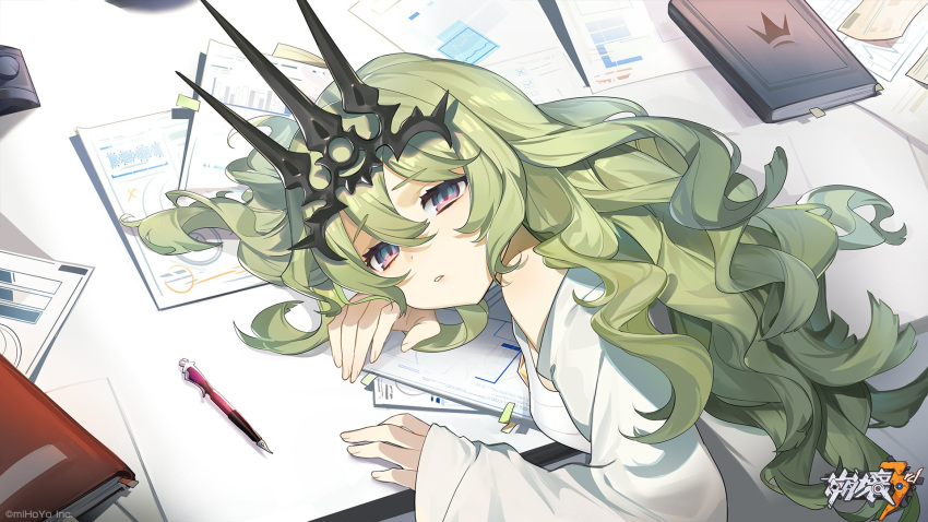 1girl bangs bare_shoulders book coat crown fingernails green_hair hair_between_eyes highres honkai_(series) honkai_impact_3rd labcoat leaning_on_table long_hair long_sleeves looking_at_viewer mobius_(honkai_impact) official_art open_mouth paper pen solo teeth violet_eyes wavy_hair white_coat