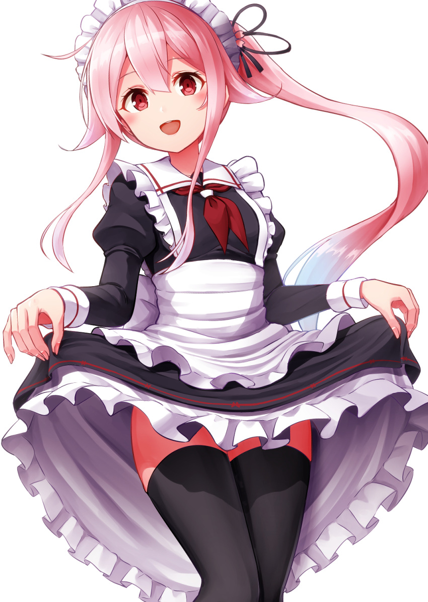 1girl adapted_costume alternate_costume apron black_dress black_legwear black_ribbon blush clothes_lift dress dress_lift enmaided feet_out_of_frame hair_between_eyes hair_ribbon harusame_(kancolle) highres juliet_sleeves kamelie kantai_collection lifted_by_self long_hair long_sleeves maid maid_apron maid_headdress neckerchief open_mouth pink_hair puffy_sleeves red_eyes red_neckwear ribbon side_ponytail simple_background smile solo thigh-highs white_apron white_background