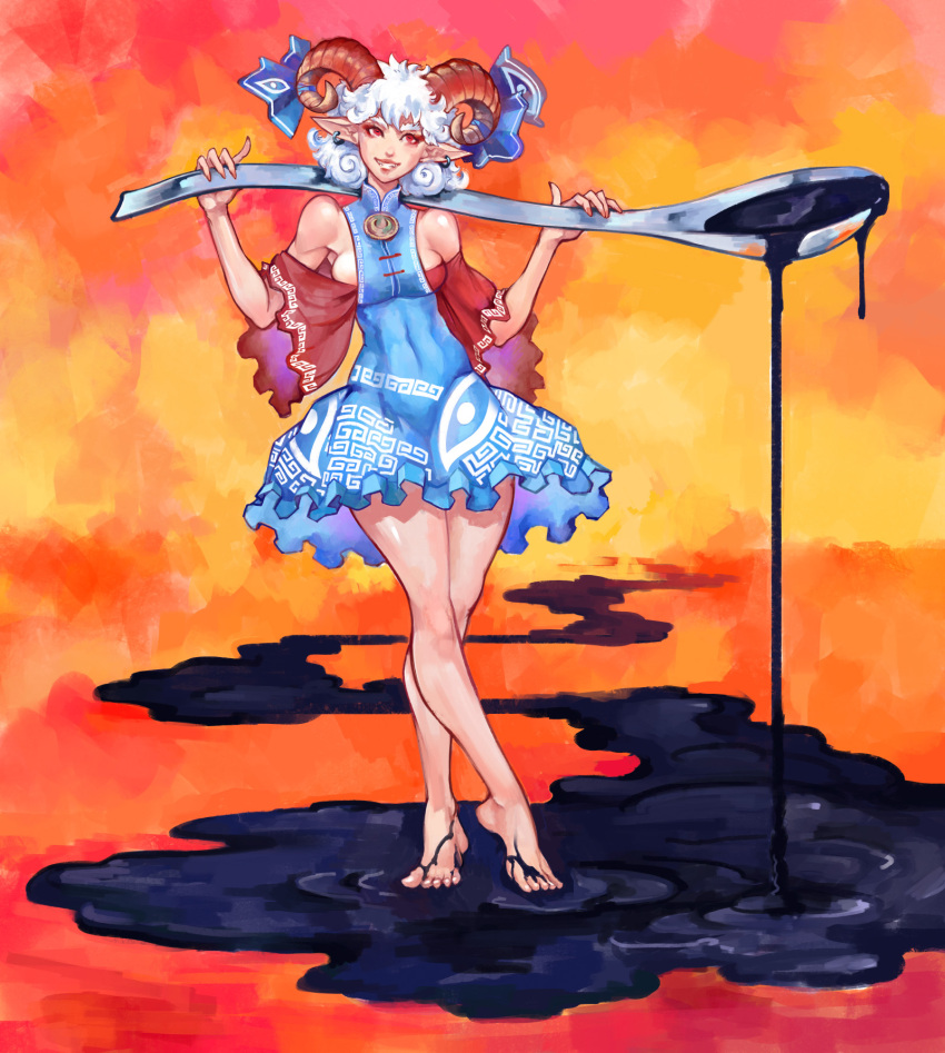 1girl armpitcore420 bangs bare_legs bare_shoulders barefoot blue_dress blue_ribbon breasts clothing_cutout covered_navel crossed_legs curled_horns curly_hair dress earrings eyebrows fingernails frilled_dress frills grin hands_up highres holding horizontal_pupils horn_ornament horn_ribbon horns jewelry mandarin_collar medium_breasts medium_hair oil orange_background over_shoulder oversized_object pink_nails pointy_ears red_eyes red_sleeves ribbon sharp_fingernails sharp_teeth shoulder_cutout smile solo spoon standing teeth touhou touhou_gouyoku_ibun toutetsu_yuuma watson_cross white_hair wide_sleeves