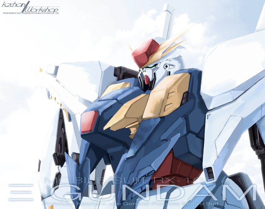 absurdres artist_name character_name clouds cloudy_sky commentary copyright_name english_commentary english_text green_eyes gundam gundam_hathaway's_flash highres kzchan mecha mobile_suit no_humans science_fiction sky solo upper_body v-fin xi_gundam