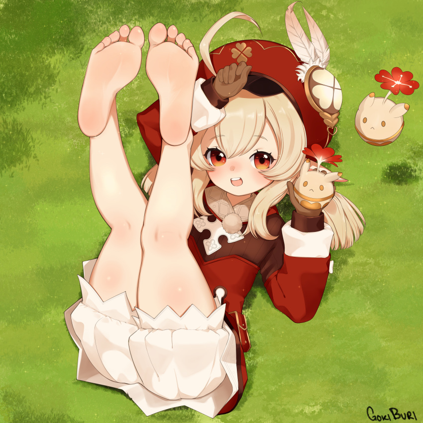 1girl :d absurdres ahoge arm_up ass bangs barefoot bloomers brown_gloves brown_scarf cabbie_hat clover_print coat commentary_request eyebrows_visible_through_hair from_above genshin_impact gloves goki_buri grass hair_between_eyes hat hat_feather hat_ornament highres jumpy_dumpty klee_(genshin_impact) legs_up light_brown_hair long_hair long_sleeves looking_at_viewer looking_up low_twintails lying on_back pocket pointy_ears red_coat red_eyes red_headwear scarf sidelocks smile soles solo toes twintails underwear